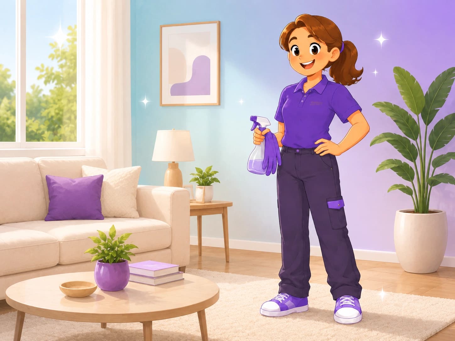 Cleaner standing in a bright, tidy Abu Dhabi apartment