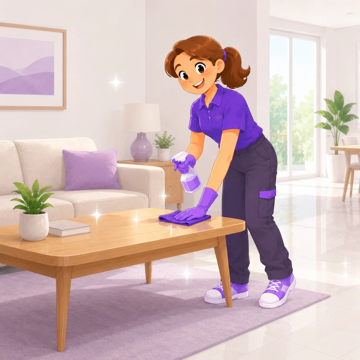 Cleaner completing detailed deep cleaning in a living room